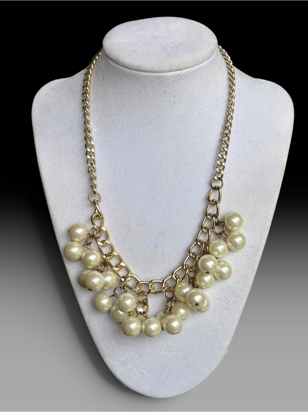 Vintage Gold Tone Curb Chain Necklace with Cascading Faux Pearls